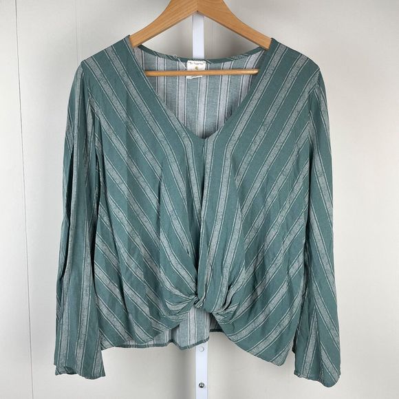 By Together Boutique Green Stripe Twist Front Top Blouse‎ Bell Sleeve Boho Small - Picture 1 of 7